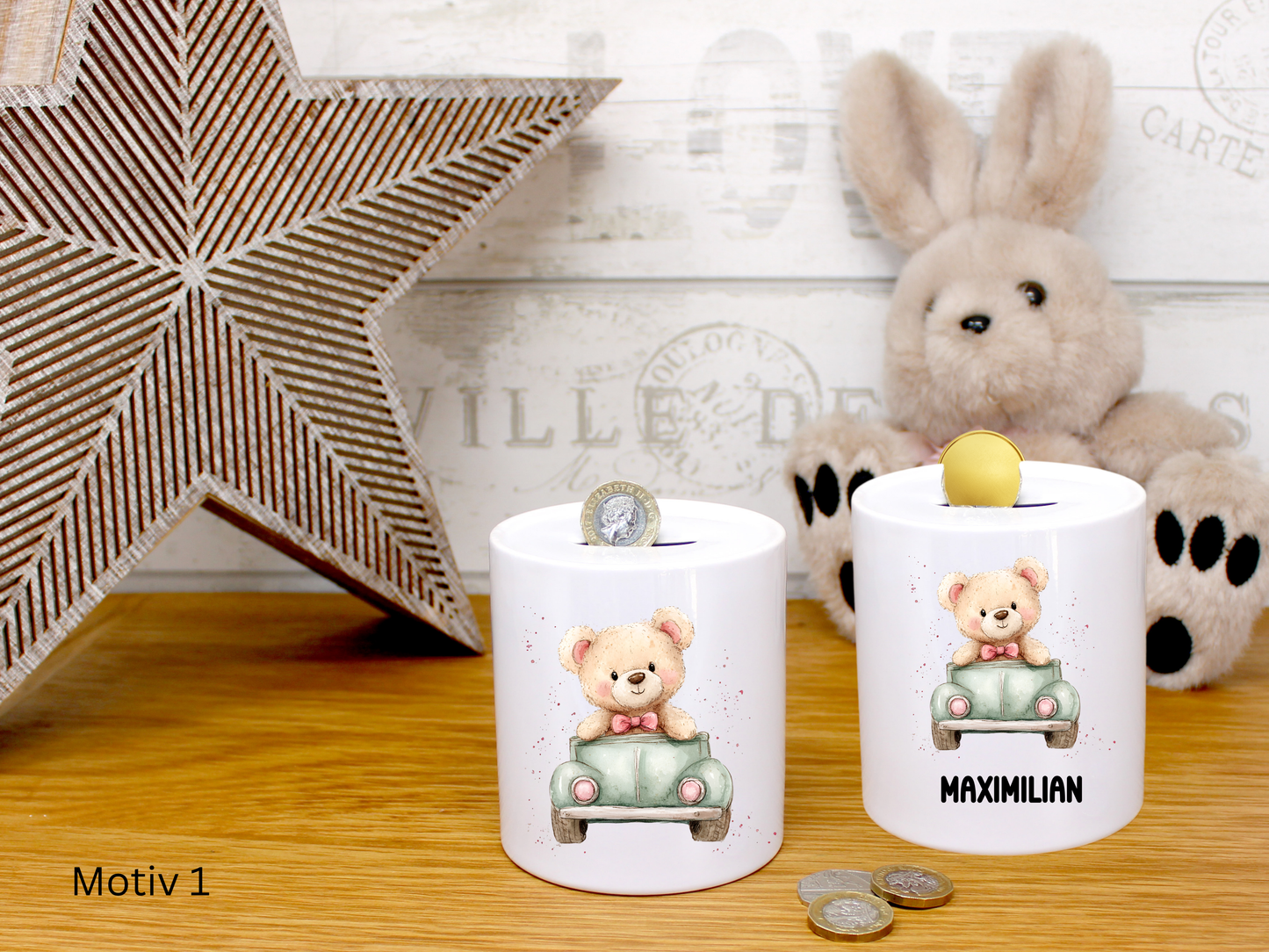 Personalisierte Spardose mit Name für Teddy Liebhaber, Kinder, Erwachsene, Freundin, Baby, Neugeborene