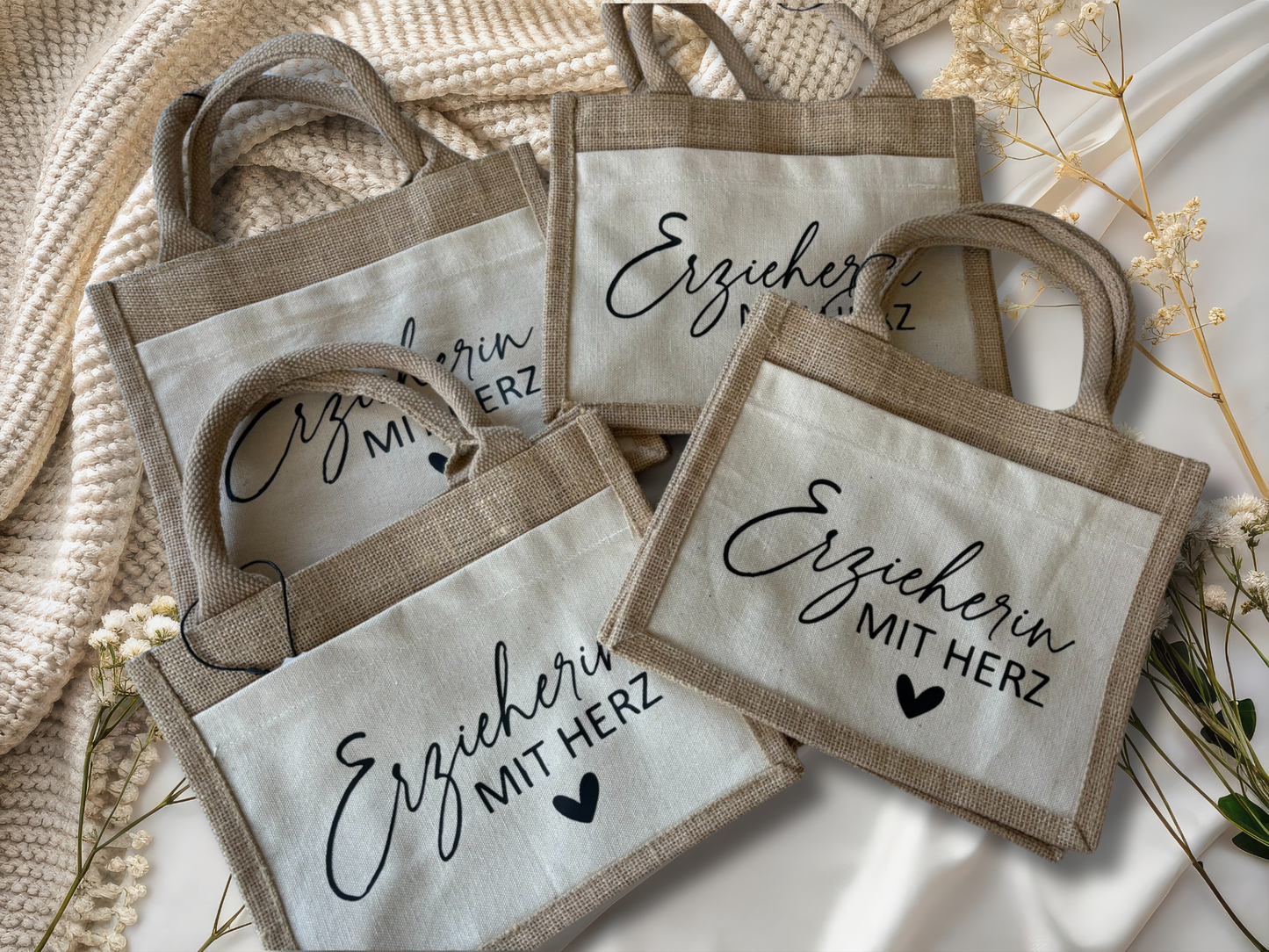Jute-Tasche Erzieherin mit Herz, Erzieher mit Herz, Geschenk Erzieher, Kindergarten, Abschiedsgeschenk