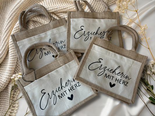 Jute-Tasche Erzieherin mit Herz, Erzieher mit Herz, Geschenk Erzieher, Kindergarten, Abschiedsgeschenk