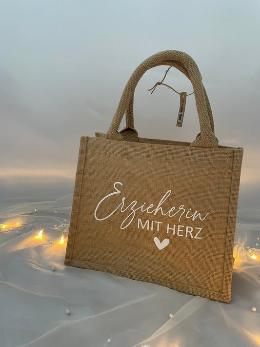 Jute-Tasche Erzieherin mit Herz, Erzieher mit Herz, Geschenk Erzieher, Kindergarten, Abschiedsgeschenk