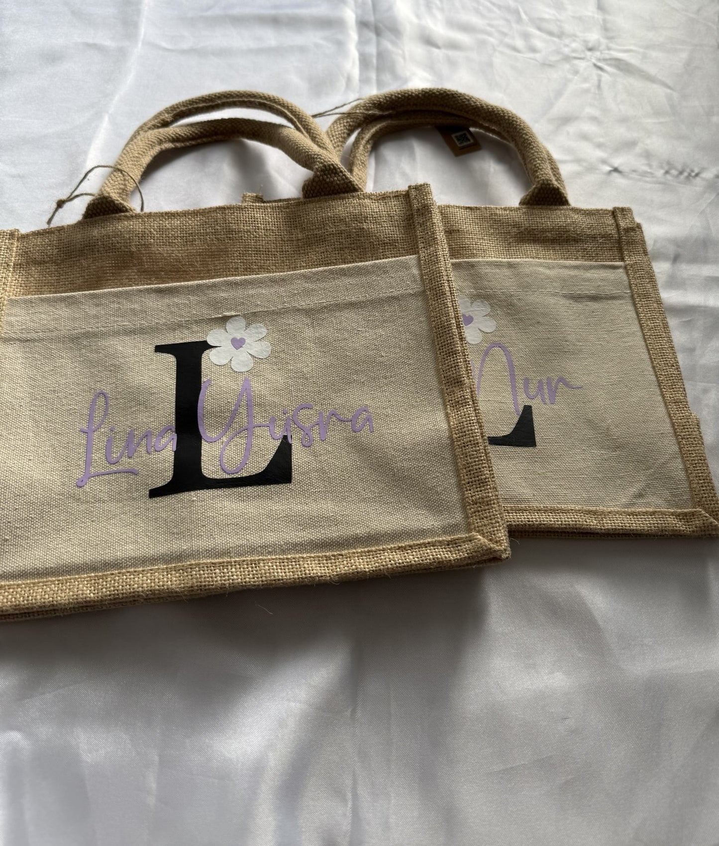 Jute Tasche mit Namen und Blümchen, Geschenk