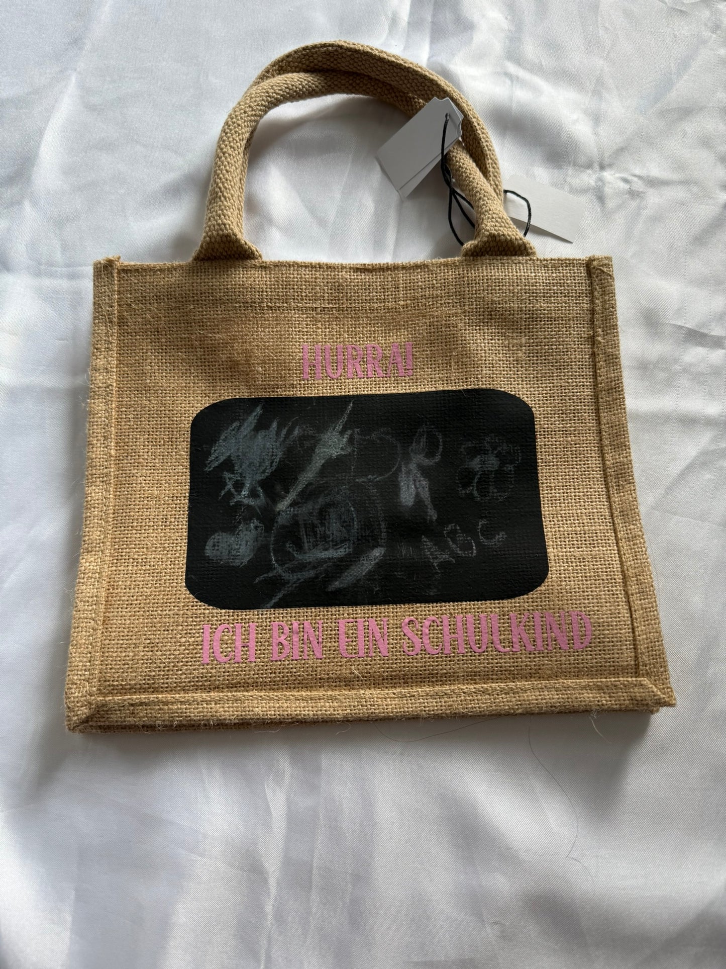 Jute Tasche, Hurra ich bin ein Schulkind !, für Kita Abgänger, Schulbeginner, Schüler mit Kreidetafel