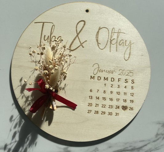Personalisierte Holztafel mit Gravur | Hochzeitsgeschenk & kreative Geldgeschenk Idee | Kalender mit Namen und Datum