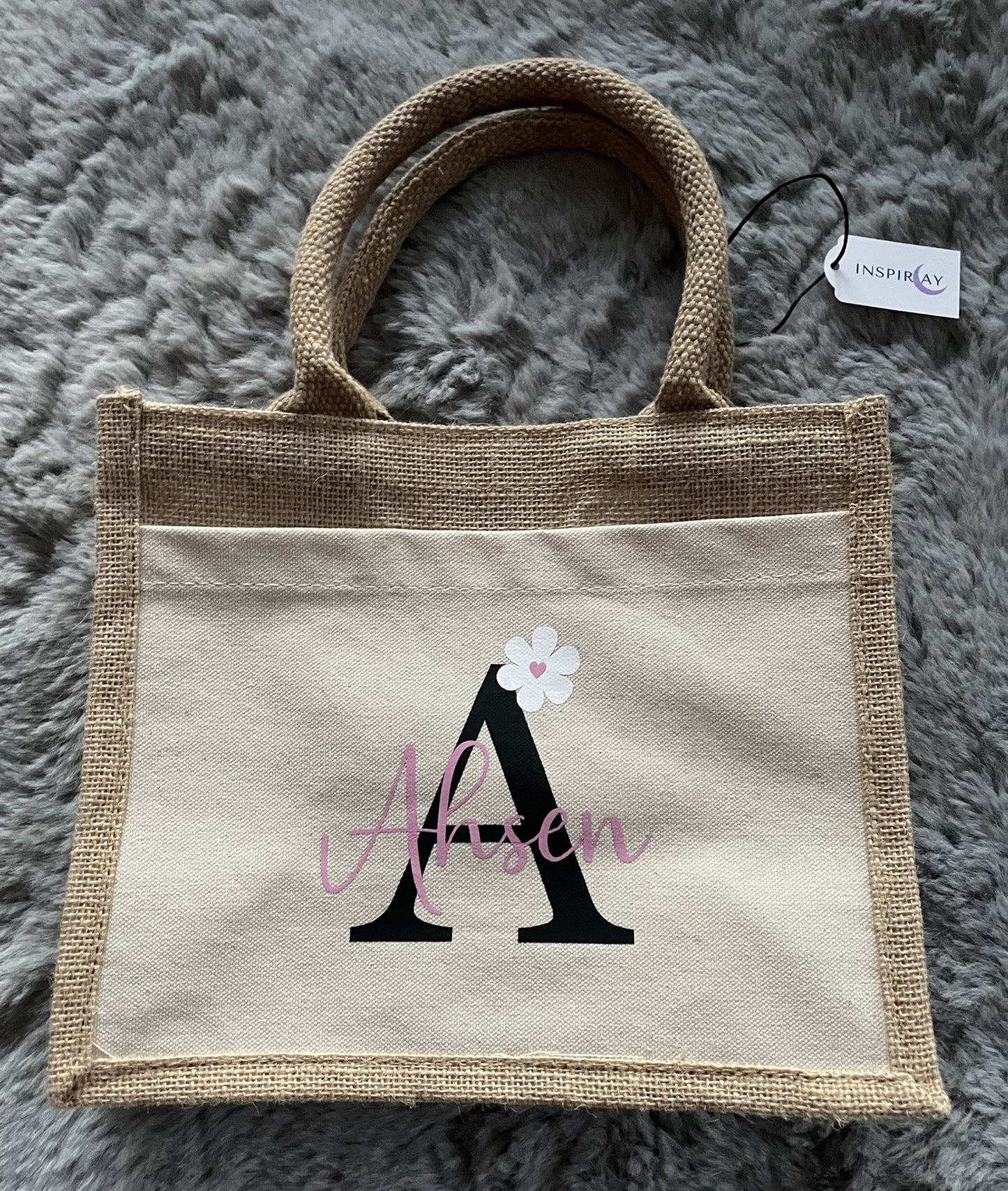Jute Tasche mit Namen und Blümchen, Geschenk