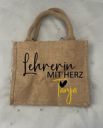 Lehrerin mit Herz, Lehrer mit Herz, Geschenk Lehrer, Schule, Grundschule, Abschiedsgeschenk, Jute Tasche