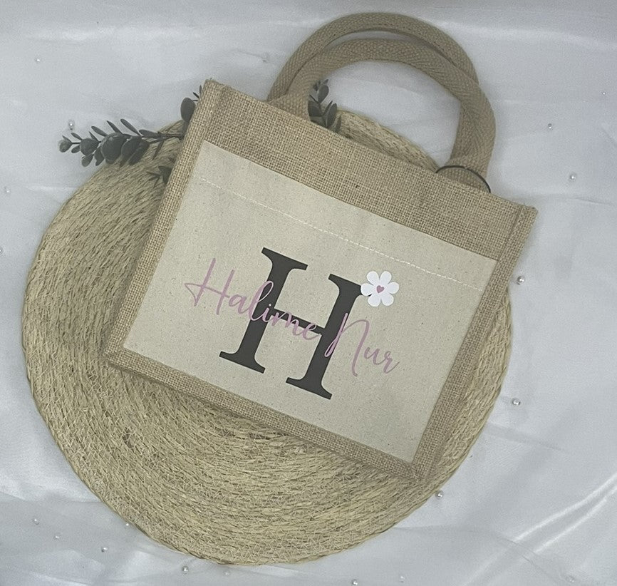 Jute Tasche mit Namen und Blümchen, Geschenk
