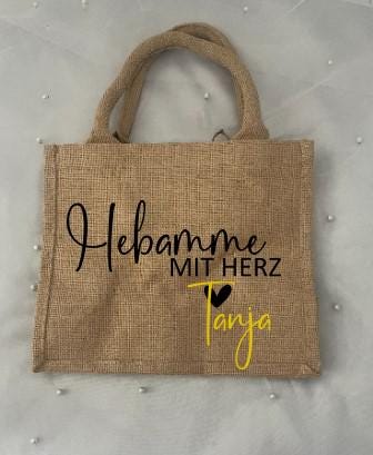 Hebamme mit Herz Jute-Tasche, Geschenk Hebamme, Geburt, personalisiert