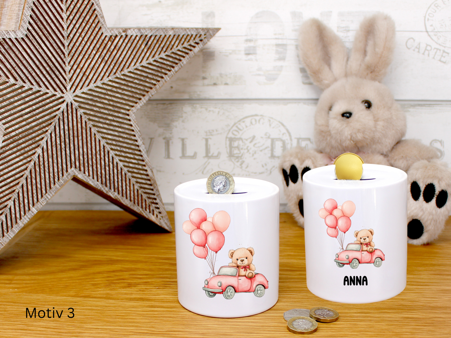 Personalisierte Spardose mit Name für Teddy Liebhaber, Kinder, Erwachsene, Freundin, Baby, Neugeborene
