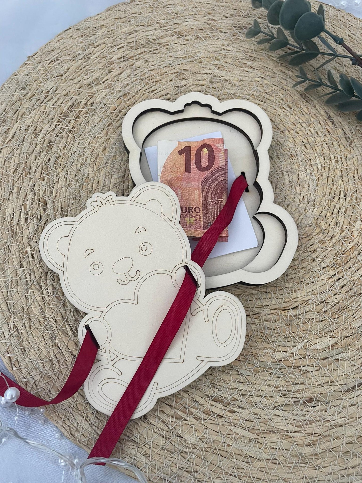 Holz-Geschenkbox – Perfekt für Geldgeschenke & Gutscheine, Geldgeschenk, Gutscheinbox, Teddy Bär