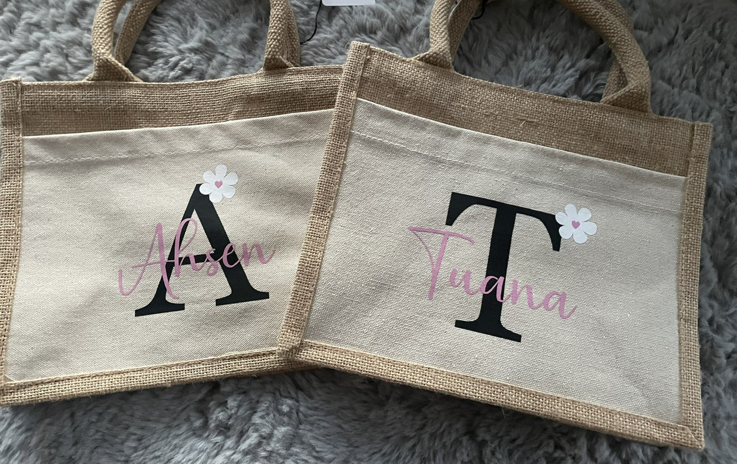 Jute Tasche mit Namen und Blümchen, Geschenk