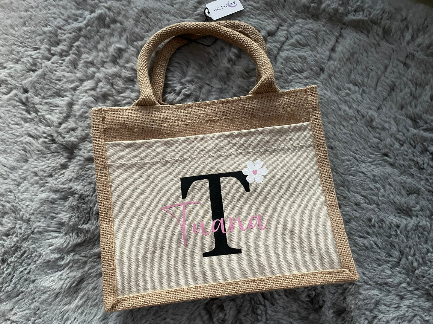 Jute Tasche mit Namen und Blümchen, Geschenk